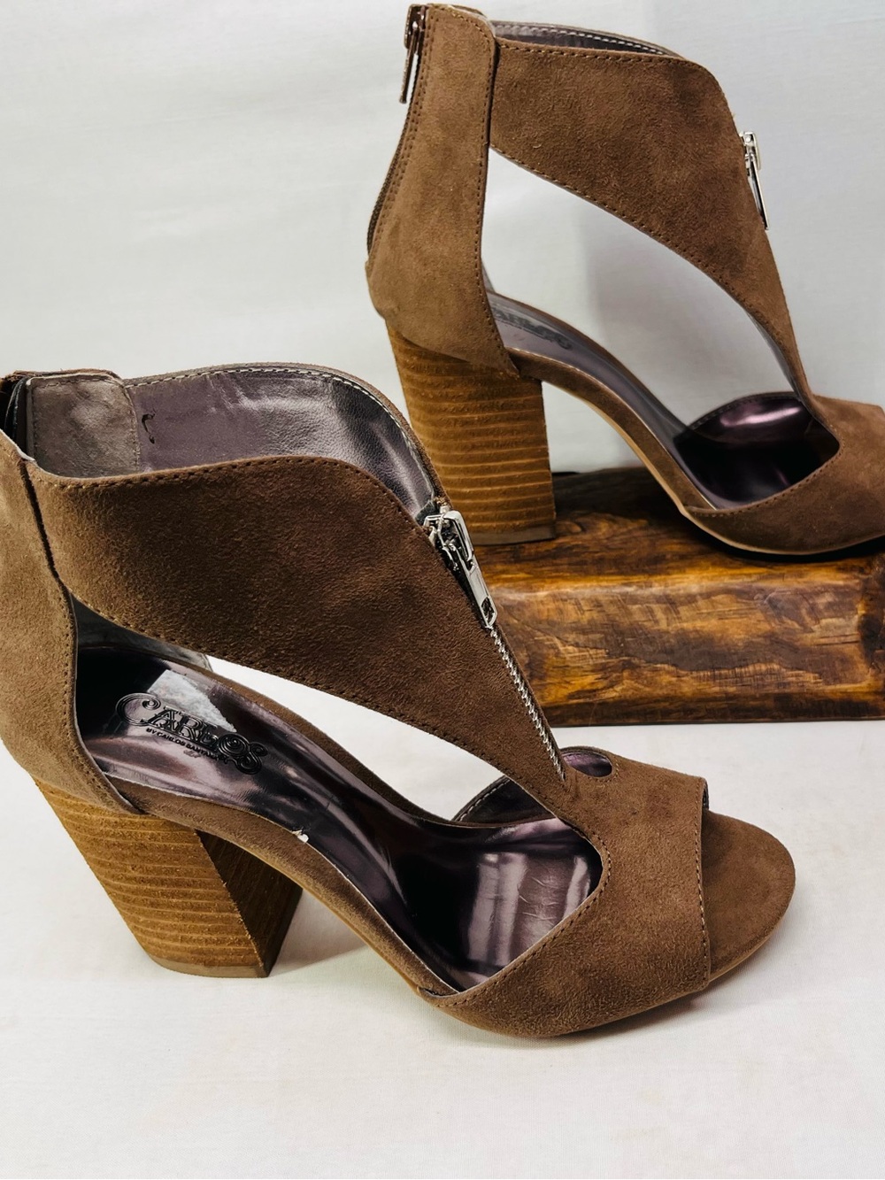 Carlos by Carlos Santana Brown Suede Peep-Toe Zip Heels - Picture 2 of 6